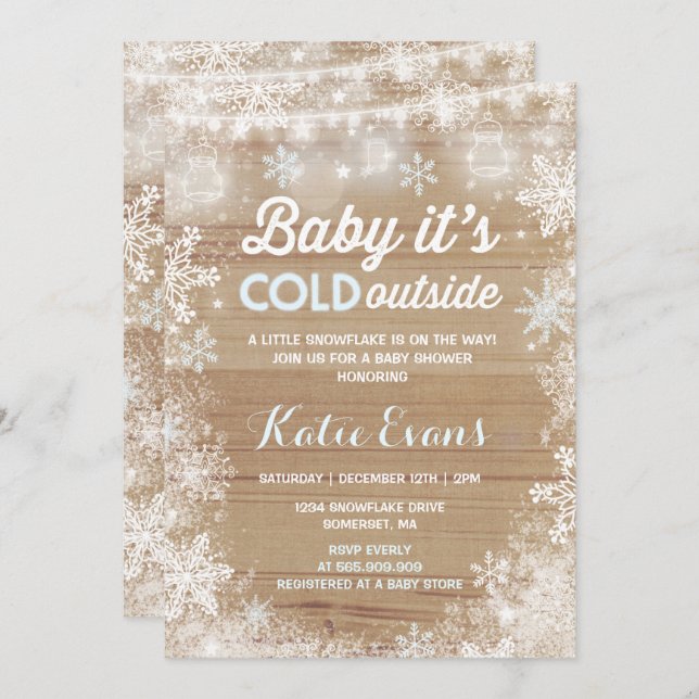 Rustic Winter Baby Shower Invitation Blue & White (Front/Back)