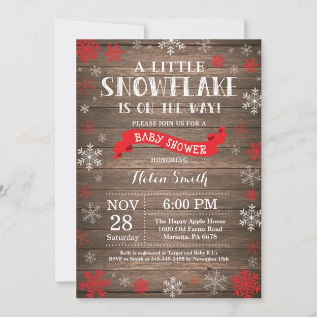 Rustic Winter Baby Shower Red Snowflake Invitation (Front)