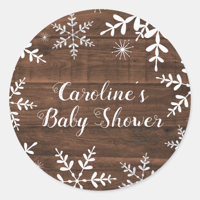 Rustic Winter Baby Shower Snowflakes Classic Round Sticker (Front)