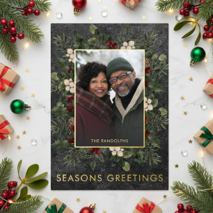 Rustic Winter Berries Black Christmas Greetings Foil Holiday Card