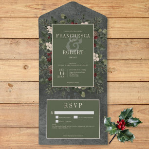 Rustic Winter Berries & Pine Black Details All In One Invitation