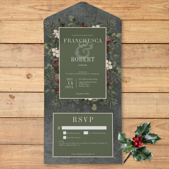 Rustic Winter Berries & Pine Black Details All In One Invitation (Rustic Winter Berries & Pine Black Details All In One Invitation)