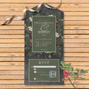 Rustic Winter Berries & Pine Black QR Code All In One Invitation