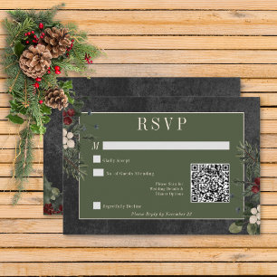 Rustic Winter Berries & Pine Black QR Code RSVP Card
