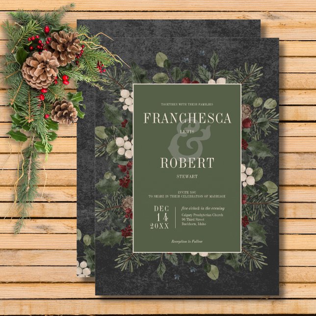 Rustic Winter Berries & Pine Black Wedding Invitation (Rustic Winter Berries & Pine Black Wedding Invitation)