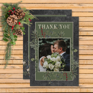 Rustic Winter Berries & Pine Black Wedding Thank You Card