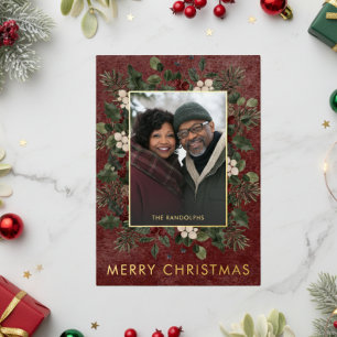 Rustic Winter Berries & Pine Burgundy Christmas Foil Holiday Card