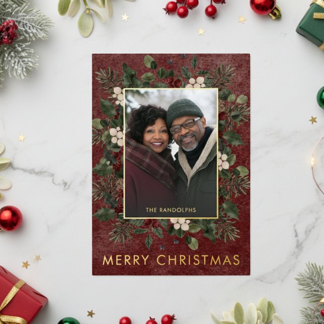 Rustic Winter Berries & Pine Burgundy Christmas Foil Holiday Card (Creator Uploaded)
