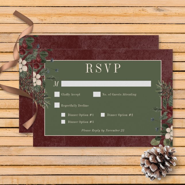 Rustic Winter Berries & Pine Burgundy Dinner RSVP Card (Rustic Winter Berries & Pine Burgundy Wedding Wedding Response Card with Dinner Options)