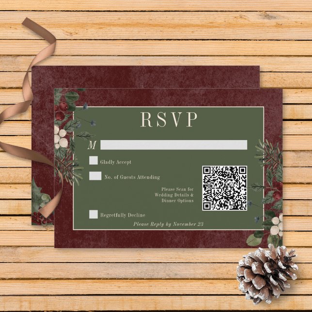 Rustic Winter Berries & Pine Burgundy QR Code RSVP Card (Rustic Winter Berries & Pine Burgundy Wedding Response Card with QR Code)
