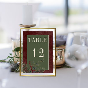 Rustic Winter Berries & Pine Burgundy Wedding Table Number