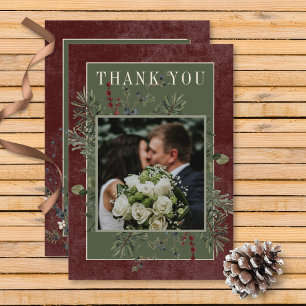Rustic Winter Berries & Pine Burgundy Wedding Thank You Card
