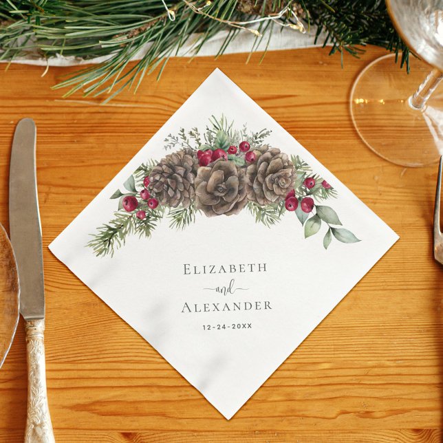 Rustic Winter Berries Pine Cone Christmas Wedding Napkin (Creator Uploaded)