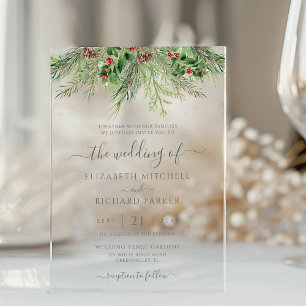 Rustic Winter Berries Pine Cone Greenery Wedding Acrylic Invitations