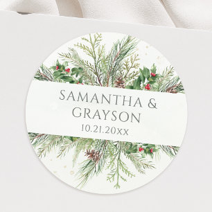 Rustic Winter Berries Pine Cone Greenery Wedding Classic Round Sticker