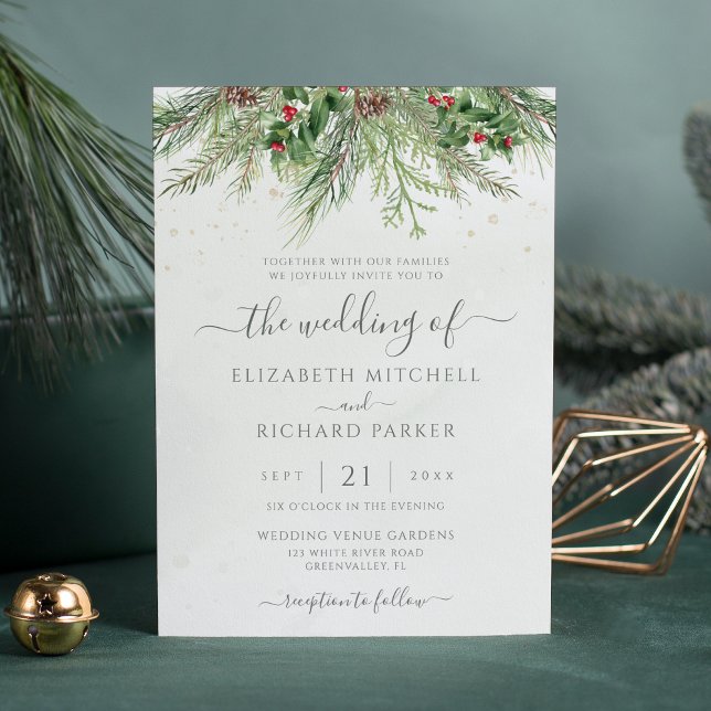 Rustic Winter Berries Pine Cone Greenery Wedding Invitation (Creator Uploaded)