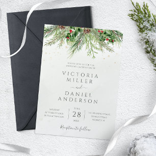 Rustic Winter Berries Pine Cone Greenery Wedding Invitation