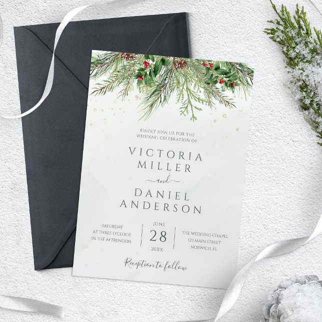 Rustic Winter Berries Pine Cone Greenery Wedding Invitation (Creator Uploaded)