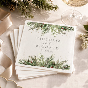 Rustic Winter Berries Pine Cone Greenery Wedding Napkin