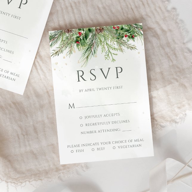 Rustic Winter Berries Pine Cone Greenery Wedding RSVP Card (Creator Uploaded)