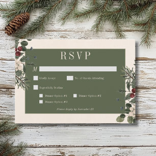 Rustic Winter Berries & Pine Cream Wedding Dinner RSVP Card