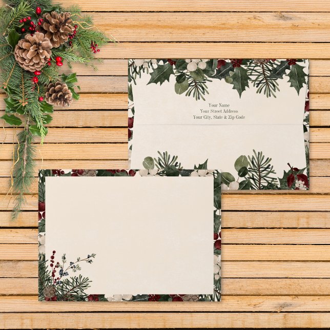 Rustic Winter Berries & Pine Cream Wedding Envelope (Rustic Winter Berries & Pine Cream Wedding Invitation Envelope)