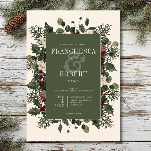Rustic Winter Berries & Pine Cream Wedding Invitation (Creator Uploaded)