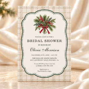  Rustic Winter Berries Pine Plaid Bridal Shower Invitation