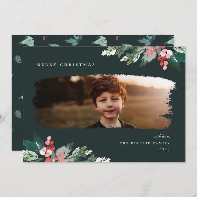 Rustic Winter Berry Greenery Photo Holiday Card (Front/Back)