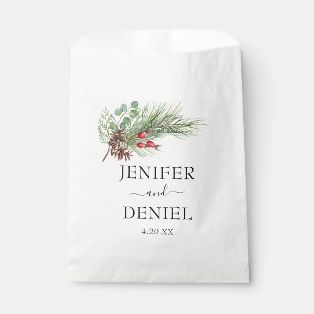 Rustic Winter Berry Pine Greenery Wedding Favour Bag (Front)
