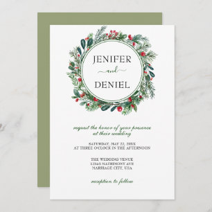 Rustic Winter Berry Pine Greenery Wedding Invitation