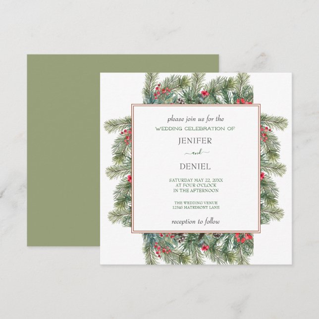 Rustic Winter Berry Pine Greenery Wedding Invitation (Front/Back)