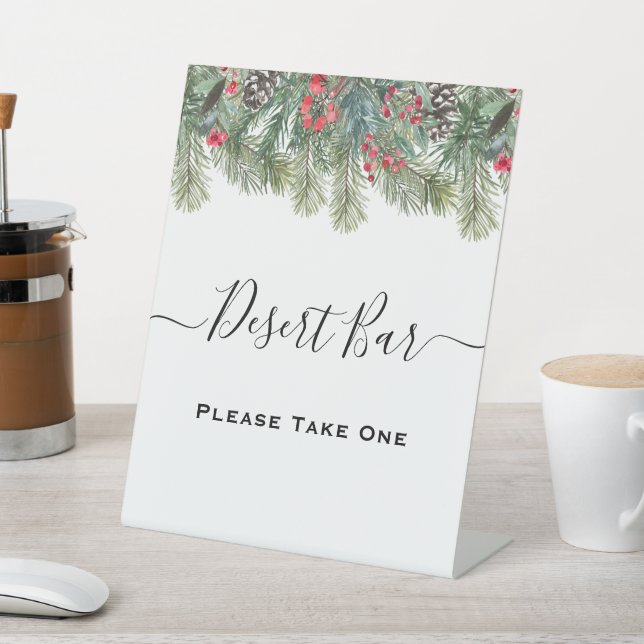 Rustic Winter Berry Pine Greenery Wedding Pedestal Sign (In SItu)
