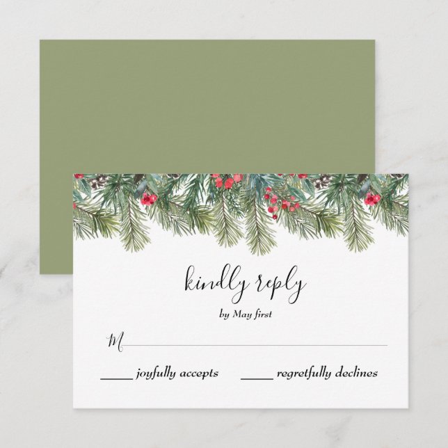 Rustic Winter Berry Pine Greenery Wedding RSVP Card (Front/Back)