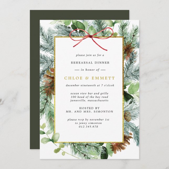 Rustic Winter Botanical Pine Rehearsal Dinner Invitation (Front/Back)