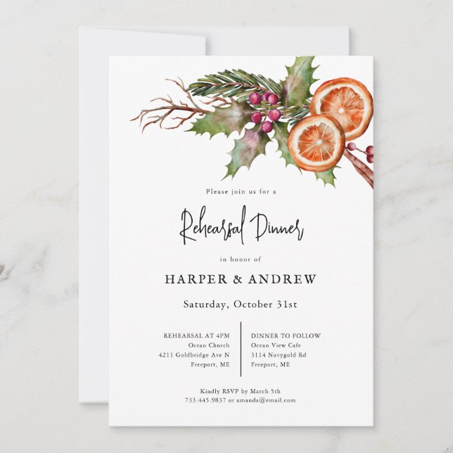 Rustic Winter Botanical Rehearsal Dinner  Invitation (Front)