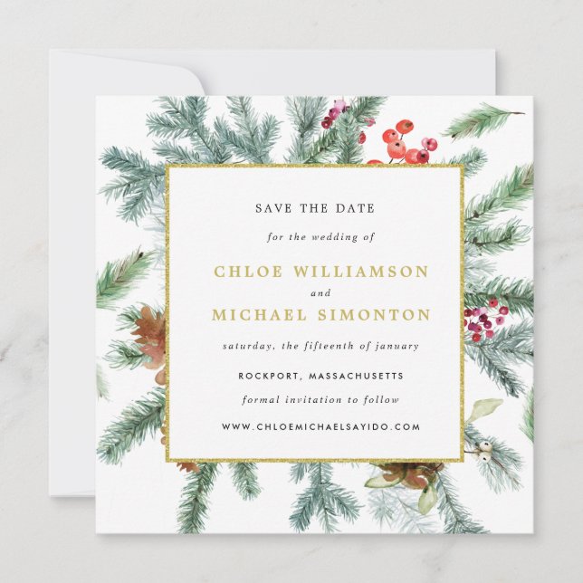 Rustic Winter Botanical Wedding Save The Date (Front)