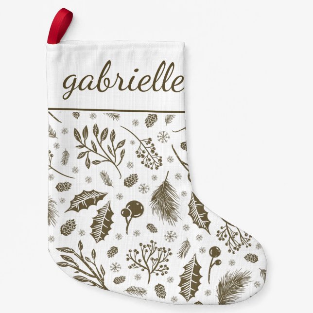 Rustic Winter Botanical with Name Holiday Small Christmas Stocking (Front)