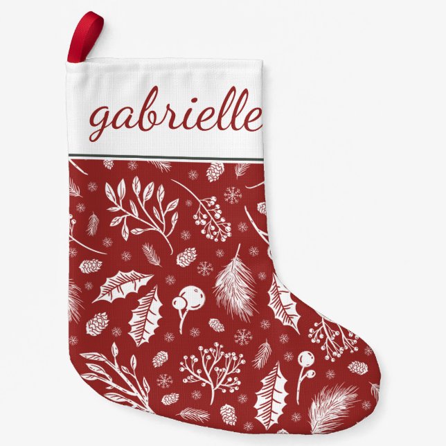 Rustic Winter Botanical with Name Holiday Small Christmas Stocking (Front)