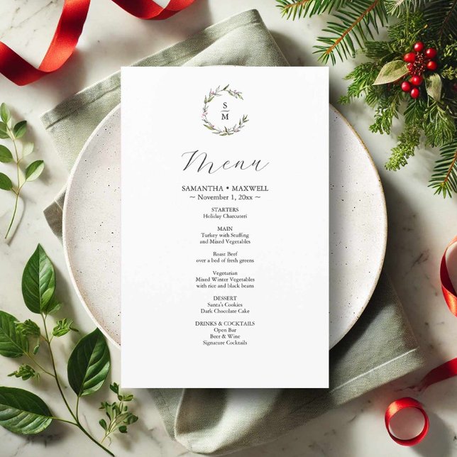 Rustic Winter Botanicals Wedding Decor Menus Flyer (hand drawn winter wedding menu card features botanical art by Victoria Grigaliunas Do Tell A Belle)