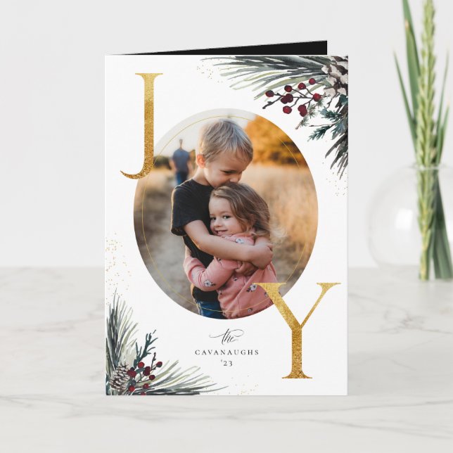 Rustic Winter Boughs Golden Joy 5 Photo Holiday Card (Front)