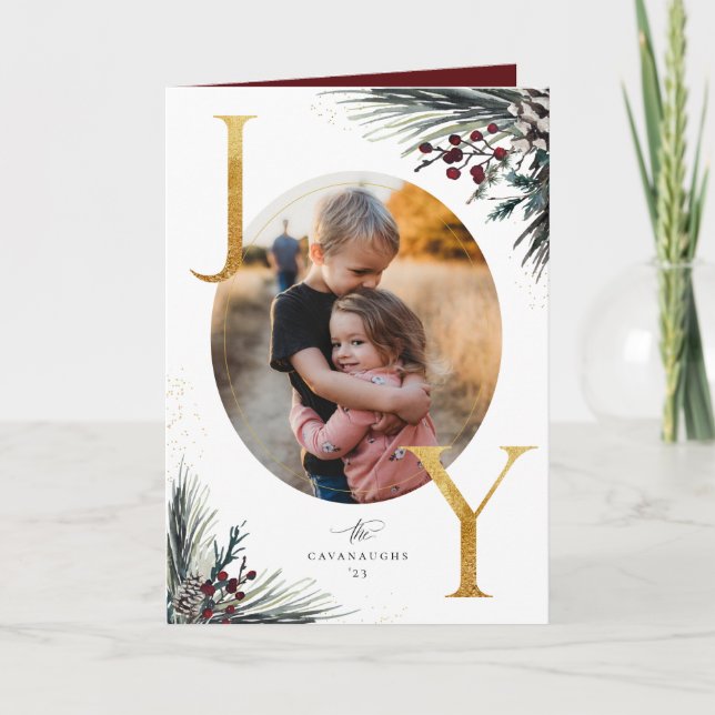 Rustic Winter Boughs Golden Joy 5 Photo Holiday Card (Front)