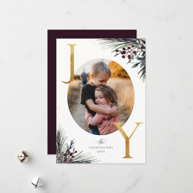 Rustic Winter Boughs Golden Joy Photo Holiday Card (Front/Back In Situ)
