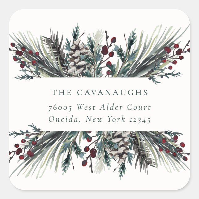 Rustic Winter Boughs Holiday Address Square Sticker (Front)