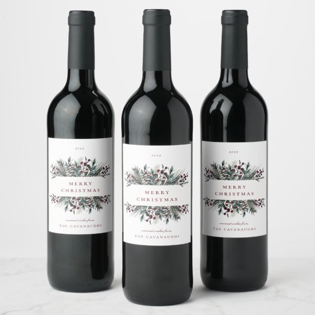 Rustic Winter Boughs Holiday  Wine Label (Bottles)