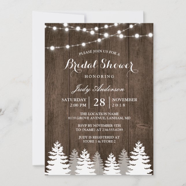 Rustic Winter Bridal Shower String Light Pine Tree Invitation (Front)