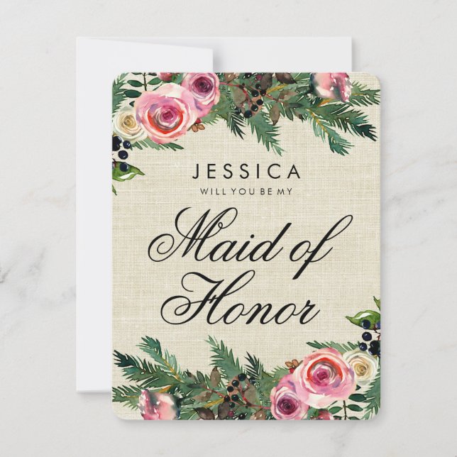 Rustic Winter Burlap Will You Be My Maid of Honour Invitation (Front)