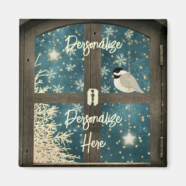 Rustic winter cabin window stars, snowflakes bird  magnet (Front)
