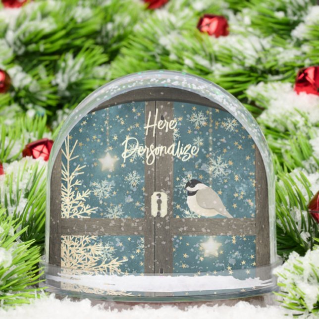 Rustic winter cabin window stars, snowflakes bird snowglobe (Creator Uploaded)