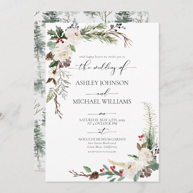 Rustic Winter Calligraphy Botanical Wedding Invitation (Front/Back)